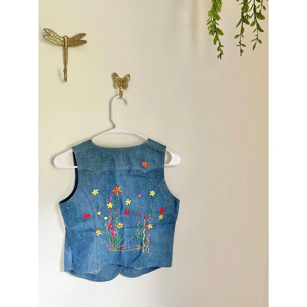 Vintage Children's 1970s‎ Flower Power Embroidered Denim Jean Vest Size L